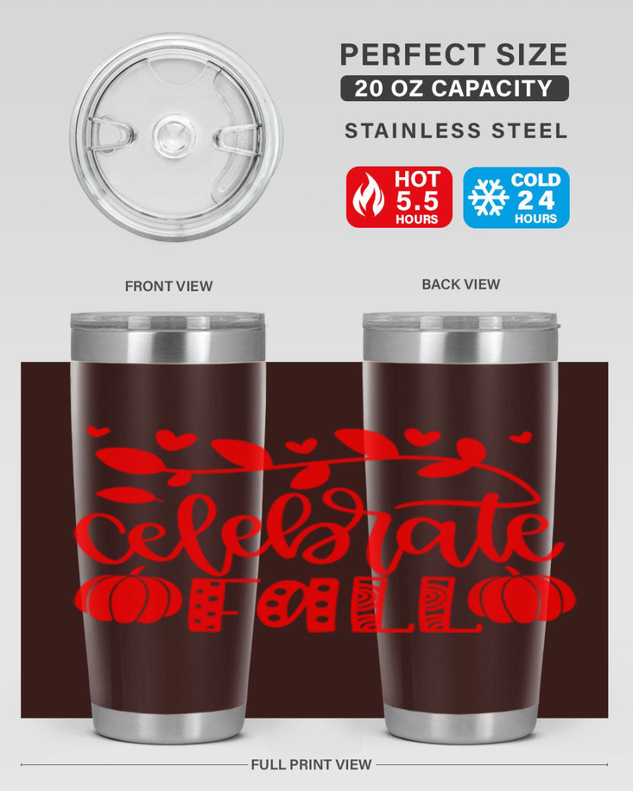 Celebrate Fall 59# Tumbler, a stylish 20oz double wall vacuum stainless steel tumbler with a festive fall design.