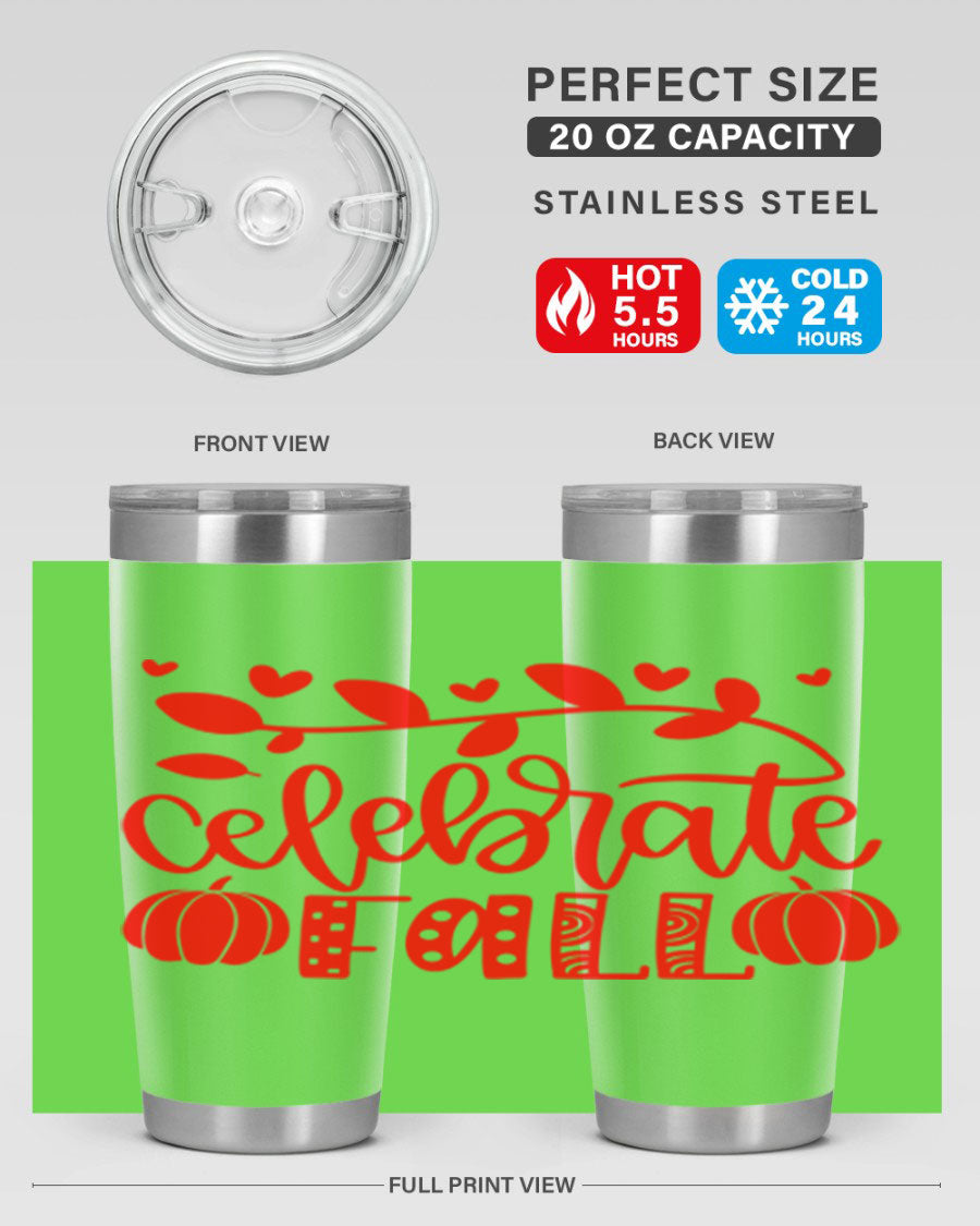 Celebrate Fall 59# Tumbler, a stylish 20oz double wall vacuum stainless steel tumbler with a festive fall design.