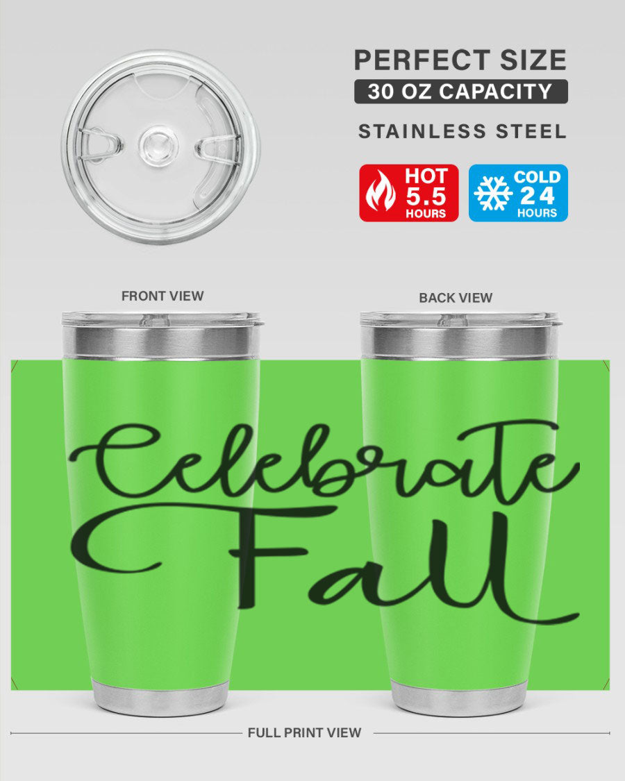 Celebrate Fall 20oz and 30oz tumblers made of stainless steel with copper lining, featuring a drink-thru lid, perfect for hot and cold beverages.