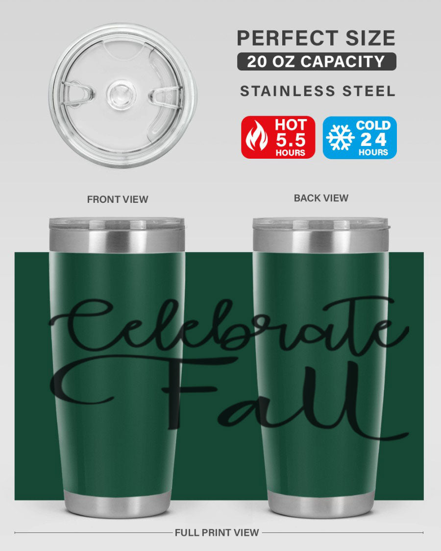 Celebrate Fall 20oz and 30oz tumblers made of stainless steel with copper lining, featuring a drink-thru lid, perfect for hot and cold beverages.