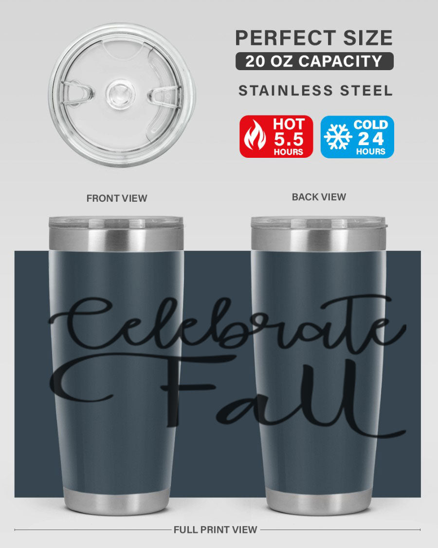 Celebrate Fall 20oz and 30oz tumblers made of stainless steel with copper lining, featuring a drink-thru lid, perfect for hot and cold beverages.