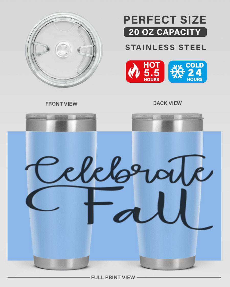 Celebrate Fall 20oz and 30oz tumblers made of stainless steel with copper lining, featuring a drink-thru lid, perfect for hot and cold beverages.