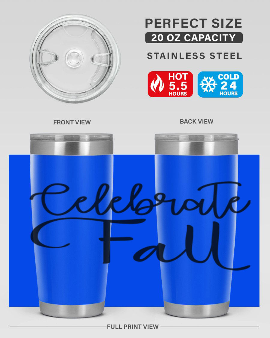 Celebrate Fall 20oz and 30oz tumblers made of stainless steel with copper lining, featuring a drink-thru lid, perfect for hot and cold beverages.
