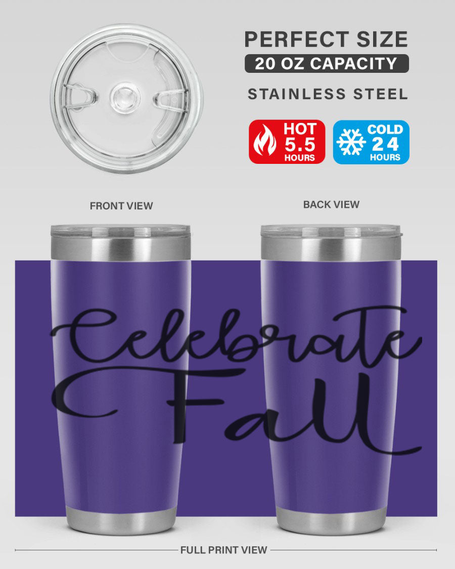 Celebrate Fall 20oz and 30oz tumblers made of stainless steel with copper lining, featuring a drink-thru lid, perfect for hot and cold beverages.