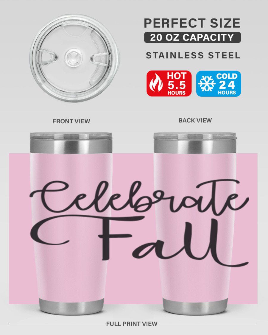 Celebrate Fall 20oz and 30oz tumblers made of stainless steel with copper lining, featuring a drink-thru lid, perfect for hot and cold beverages.