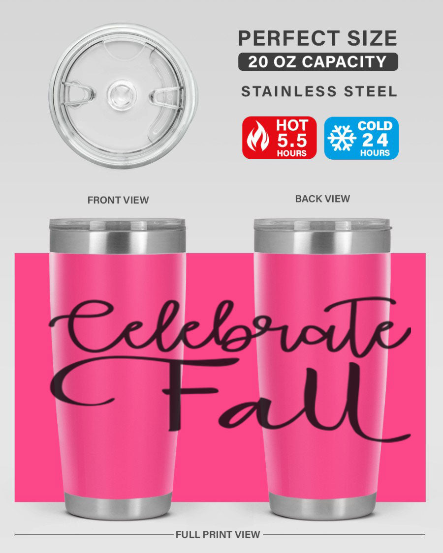 Celebrate Fall 20oz and 30oz tumblers made of stainless steel with copper lining, featuring a drink-thru lid, perfect for hot and cold beverages.