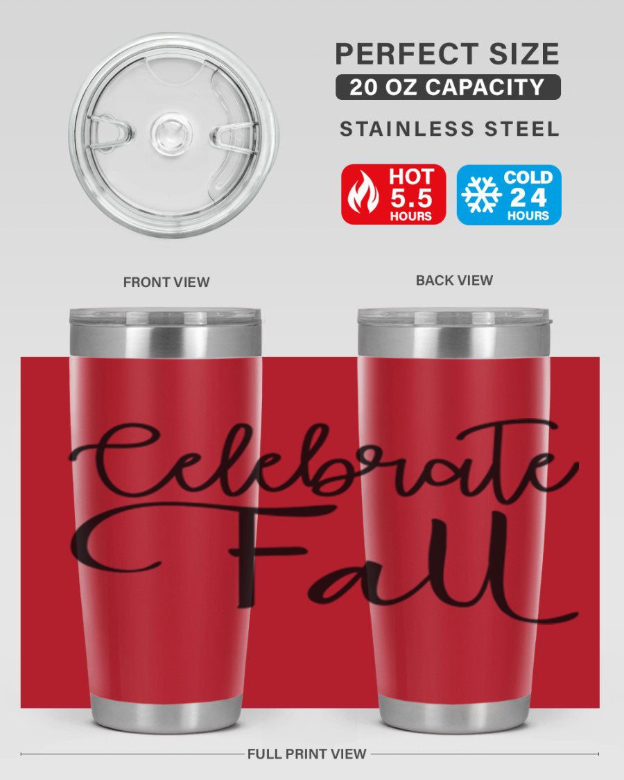 Celebrate Fall 20oz and 30oz tumblers made of stainless steel with copper lining, featuring a drink-thru lid, perfect for hot and cold beverages.