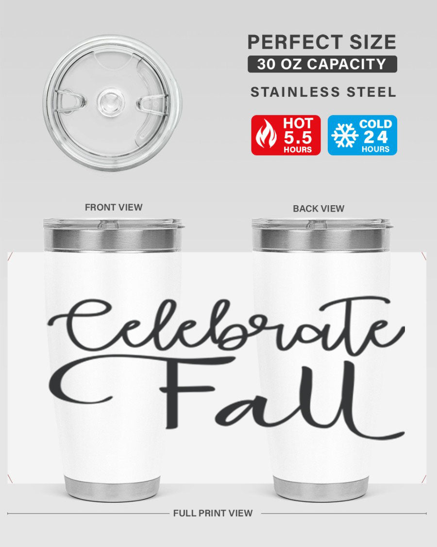 Celebrate Fall 20oz and 30oz tumblers made of stainless steel with copper lining, featuring a drink-thru lid, perfect for hot and cold beverages.