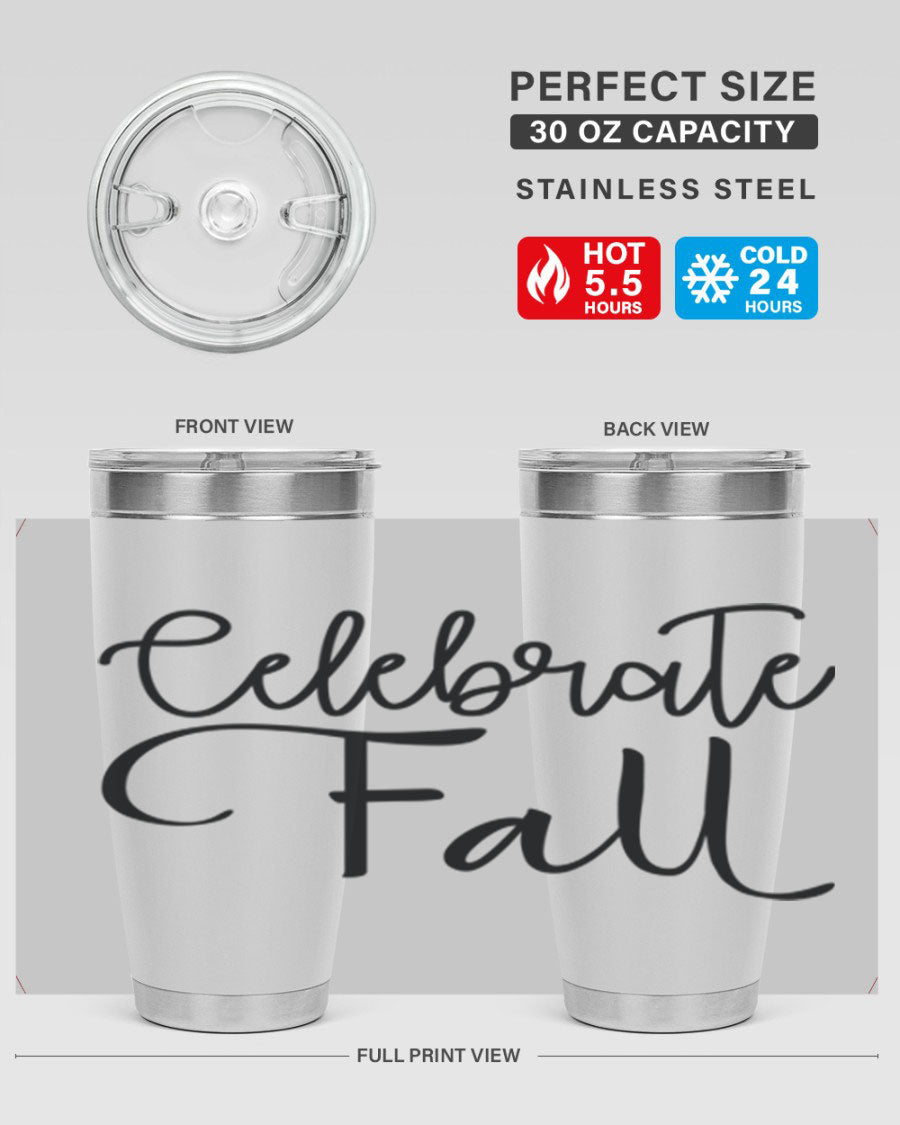 Celebrate Fall 20oz and 30oz tumblers made of stainless steel with copper lining, featuring a drink-thru lid, perfect for hot and cold beverages.