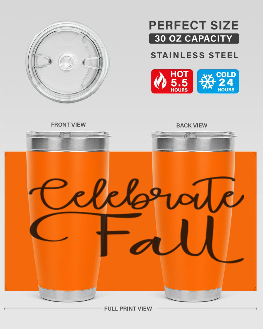 Celebrate Fall 20oz and 30oz tumblers made of stainless steel with copper lining, featuring a drink-thru lid, perfect for hot and cold beverages.