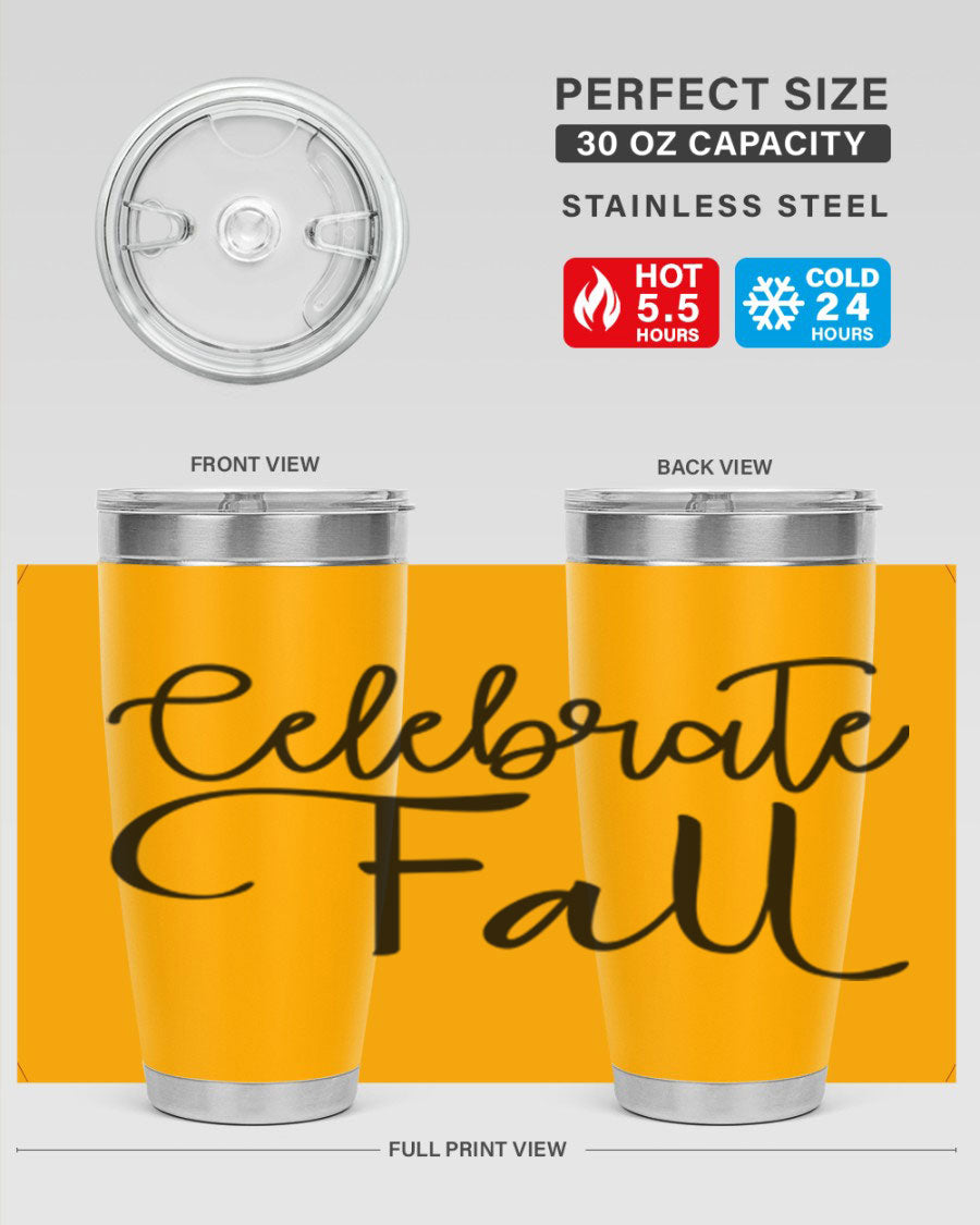 Celebrate Fall 20oz and 30oz tumblers made of stainless steel with copper lining, featuring a drink-thru lid, perfect for hot and cold beverages.