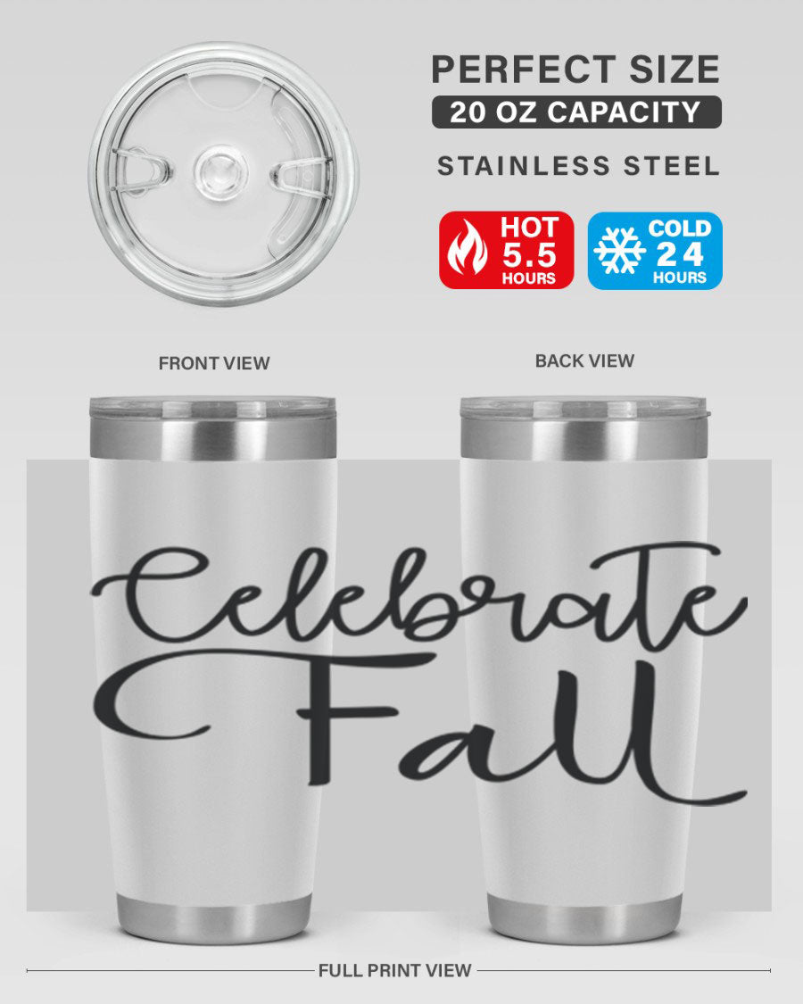 Celebrate Fall 20oz and 30oz tumblers made of stainless steel with copper lining, featuring a drink-thru lid, perfect for hot and cold beverages.