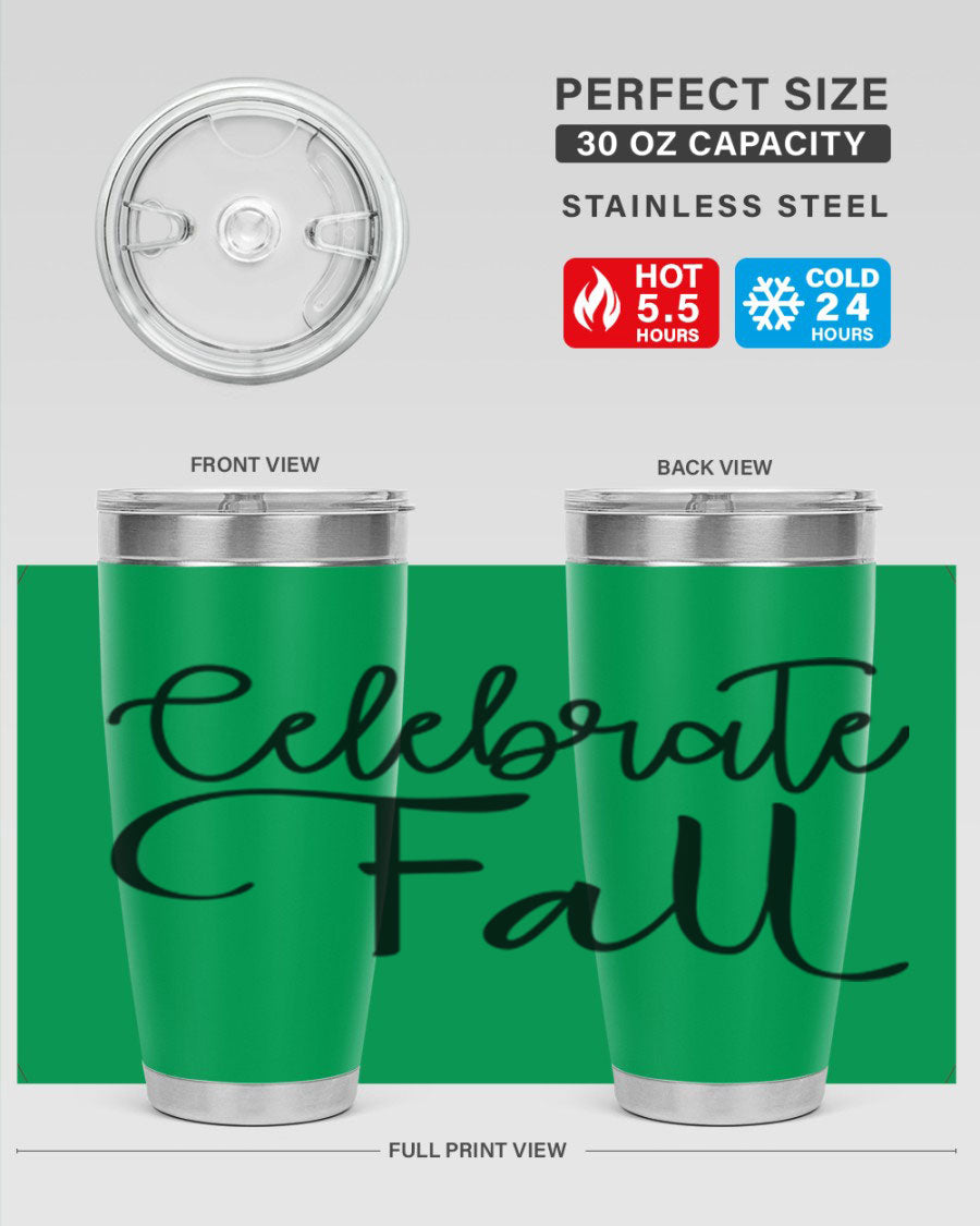 Celebrate Fall 20oz and 30oz tumblers made of stainless steel with copper lining, featuring a drink-thru lid, perfect for hot and cold beverages.