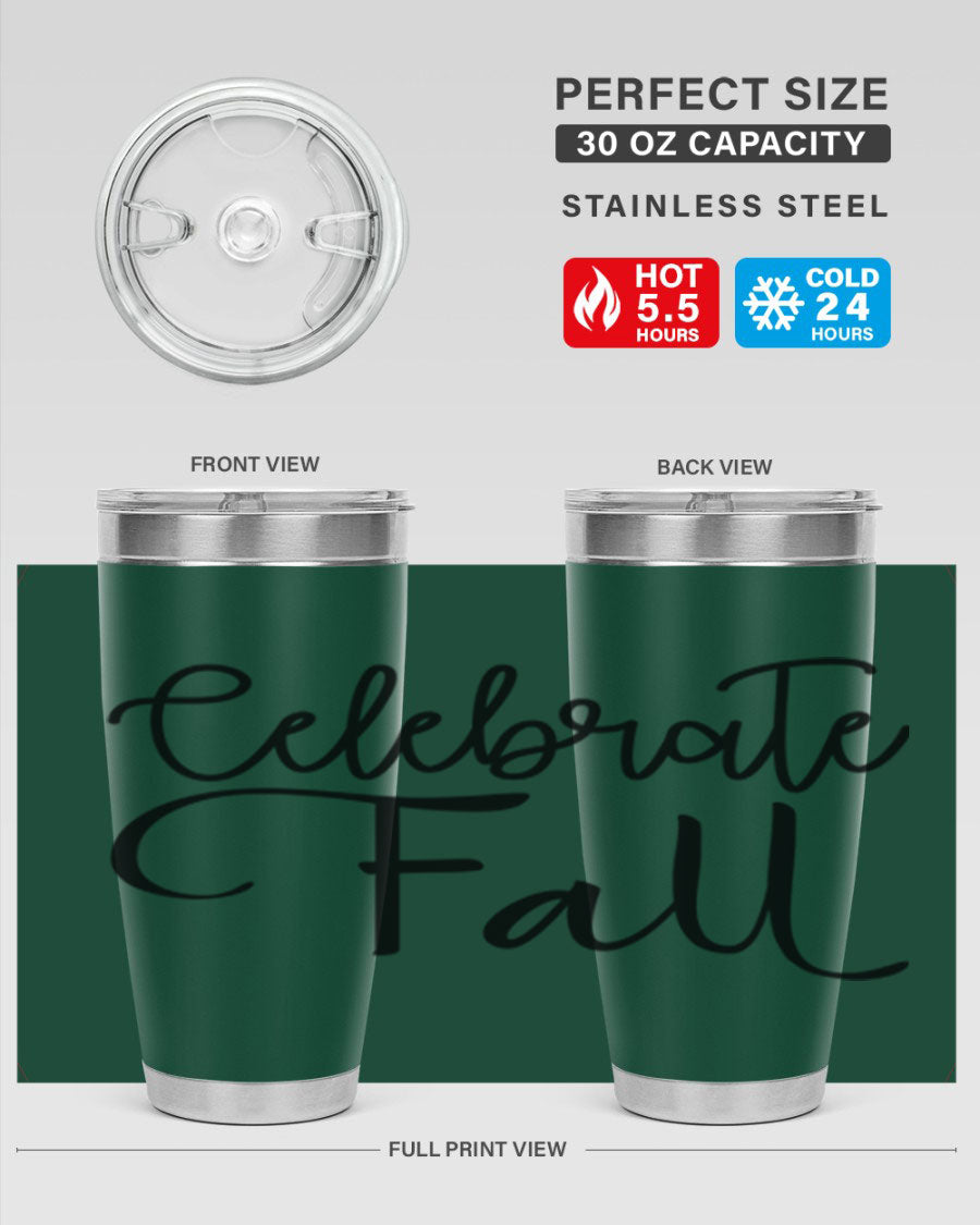 Celebrate Fall 20oz and 30oz tumblers made of stainless steel with copper lining, featuring a drink-thru lid, perfect for hot and cold beverages.