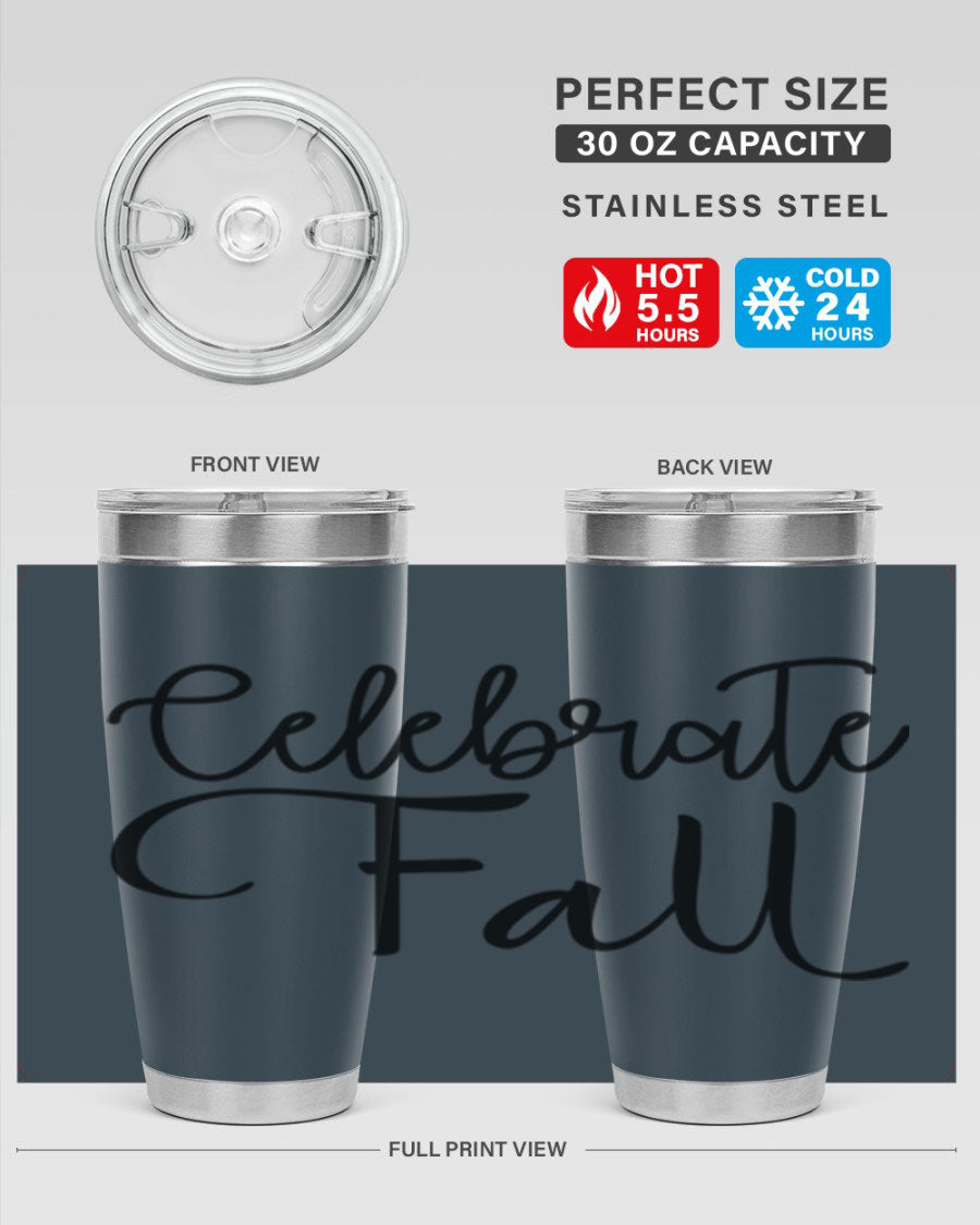 Celebrate Fall 20oz and 30oz tumblers made of stainless steel with copper lining, featuring a drink-thru lid, perfect for hot and cold beverages.