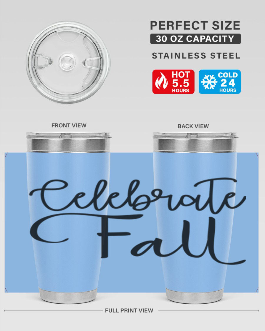 Celebrate Fall 20oz and 30oz tumblers made of stainless steel with copper lining, featuring a drink-thru lid, perfect for hot and cold beverages.