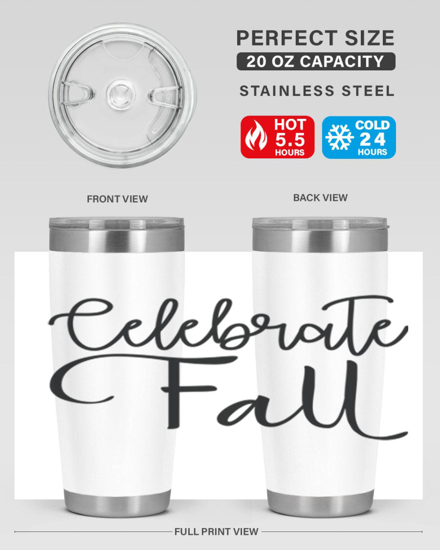 Celebrate Fall 20oz and 30oz tumblers made of stainless steel with copper lining, featuring a drink-thru lid, perfect for hot and cold beverages.