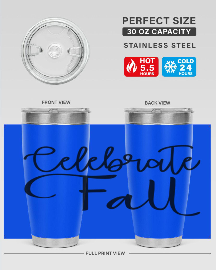 Celebrate Fall 20oz and 30oz tumblers made of stainless steel with copper lining, featuring a drink-thru lid, perfect for hot and cold beverages.