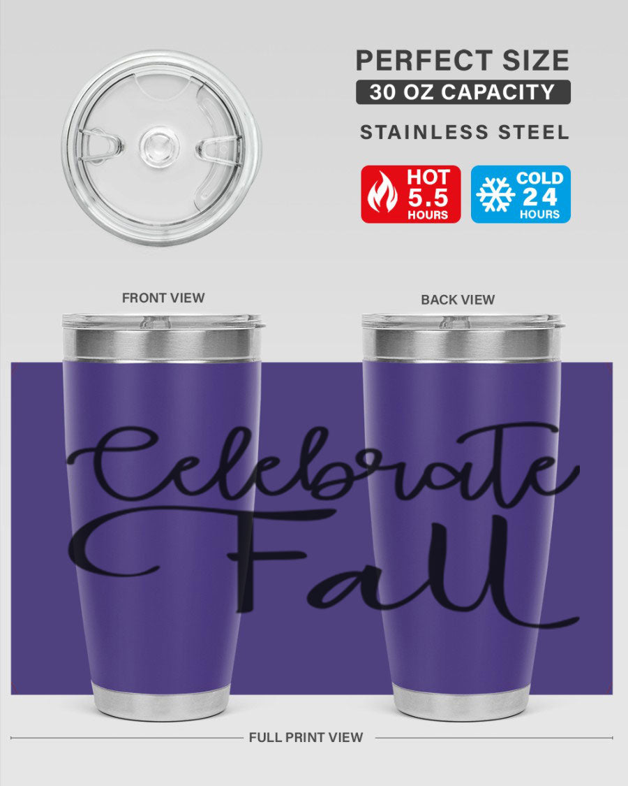 Celebrate Fall 20oz and 30oz tumblers made of stainless steel with copper lining, featuring a drink-thru lid, perfect for hot and cold beverages.