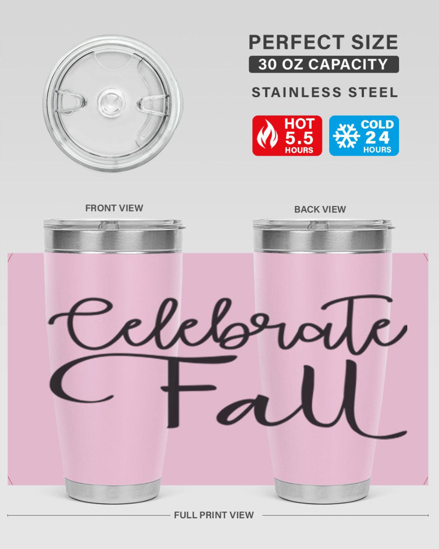 Celebrate Fall 20oz and 30oz tumblers made of stainless steel with copper lining, featuring a drink-thru lid, perfect for hot and cold beverages.