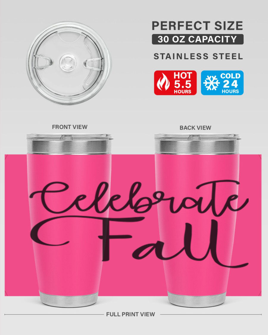 Celebrate Fall 20oz and 30oz tumblers made of stainless steel with copper lining, featuring a drink-thru lid, perfect for hot and cold beverages.