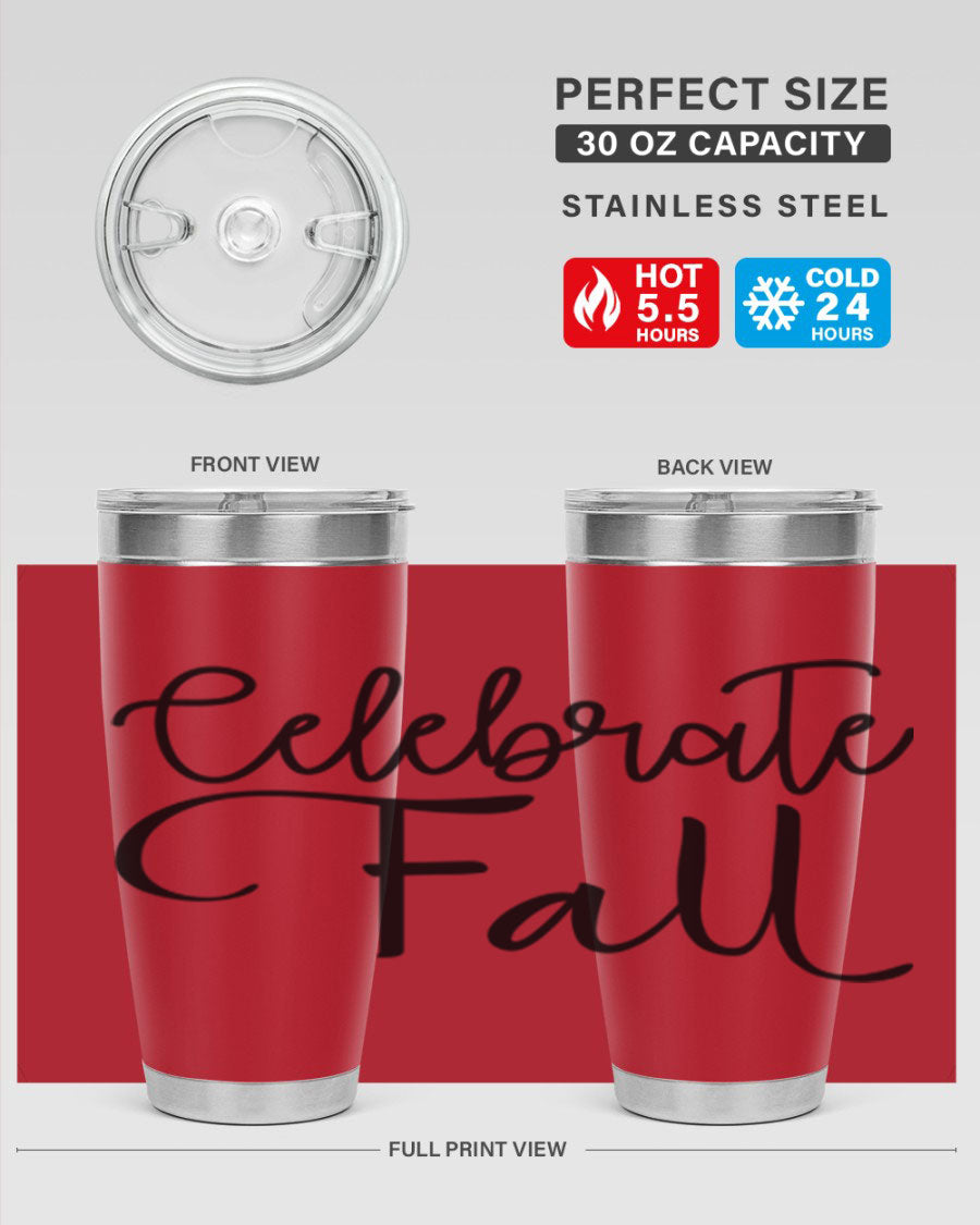 Celebrate Fall 20oz and 30oz tumblers made of stainless steel with copper lining, featuring a drink-thru lid, perfect for hot and cold beverages.