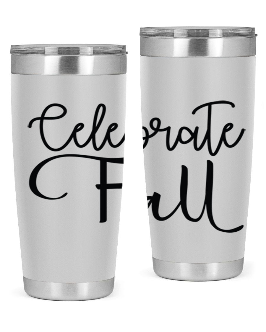 Celebrate Fall 20oz and 30oz tumblers made of stainless steel with copper lining, featuring a drink-thru lid, perfect for hot and cold beverages.