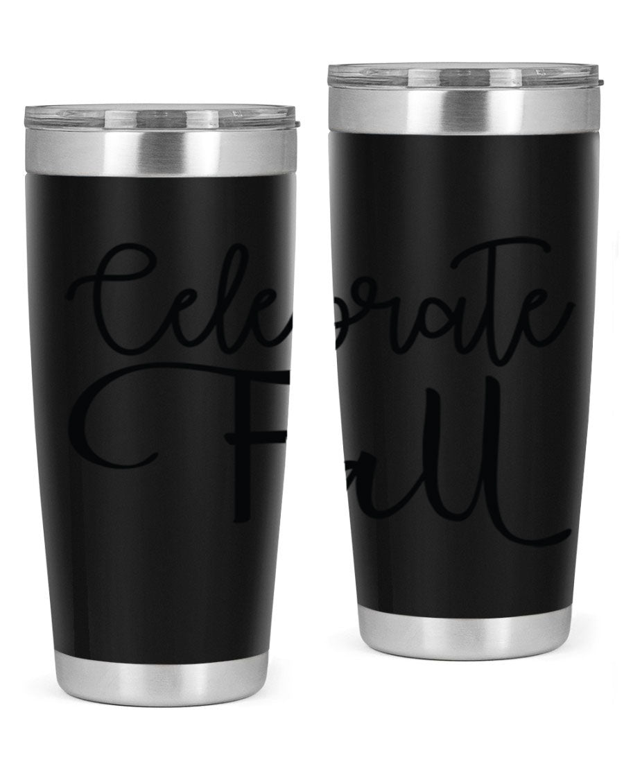Celebrate Fall 20oz and 30oz tumblers made of stainless steel with copper lining, featuring a drink-thru lid, perfect for hot and cold beverages.