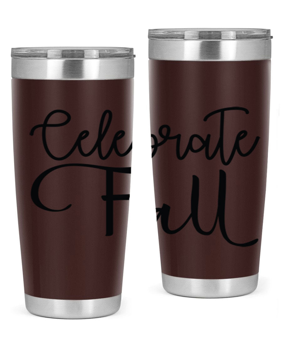 Celebrate Fall 20oz and 30oz tumblers made of stainless steel with copper lining, featuring a drink-thru lid, perfect for hot and cold beverages.