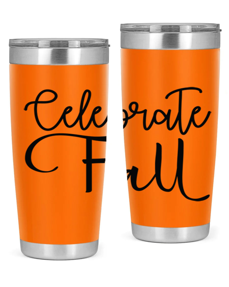 Celebrate Fall 20oz and 30oz tumblers made of stainless steel with copper lining, featuring a drink-thru lid, perfect for hot and cold beverages.