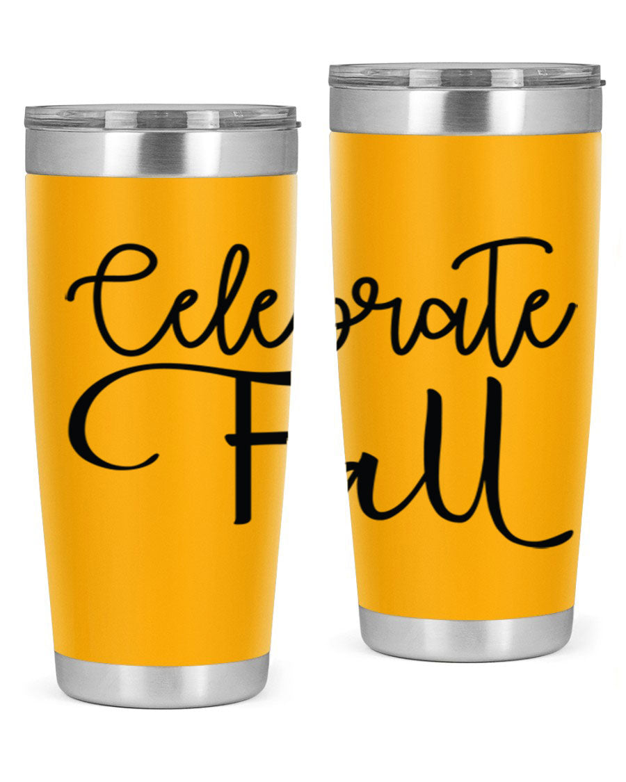 Celebrate Fall 20oz and 30oz tumblers made of stainless steel with copper lining, featuring a drink-thru lid, perfect for hot and cold beverages.