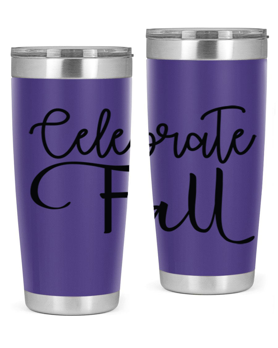 Celebrate Fall 20oz and 30oz tumblers made of stainless steel with copper lining, featuring a drink-thru lid, perfect for hot and cold beverages.