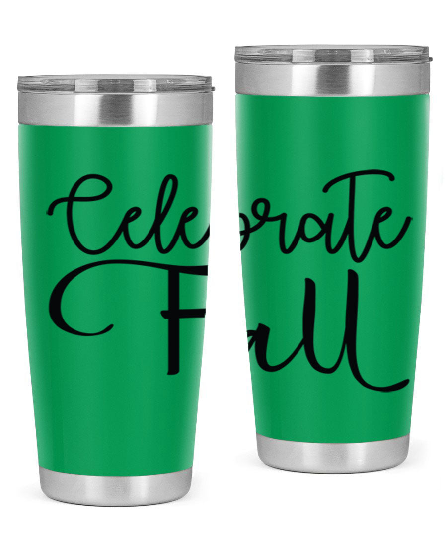 Celebrate Fall 20oz and 30oz tumblers made of stainless steel with copper lining, featuring a drink-thru lid, perfect for hot and cold beverages.