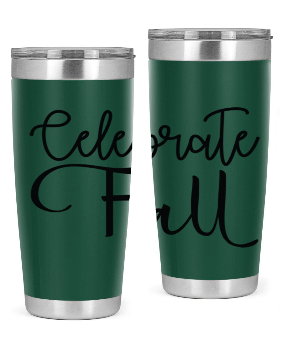 Celebrate Fall 20oz and 30oz tumblers made of stainless steel with copper lining, featuring a drink-thru lid, perfect for hot and cold beverages.