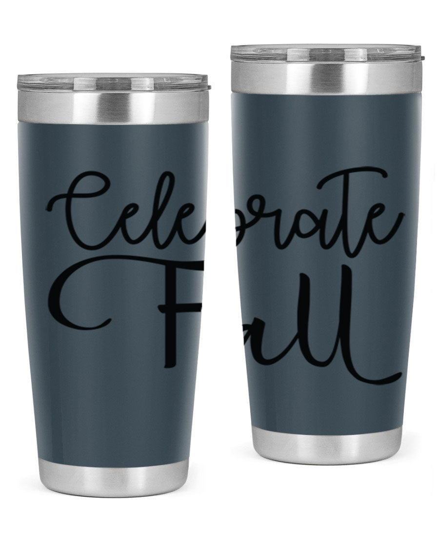 Celebrate Fall 20oz and 30oz tumblers made of stainless steel with copper lining, featuring a drink-thru lid, perfect for hot and cold beverages.