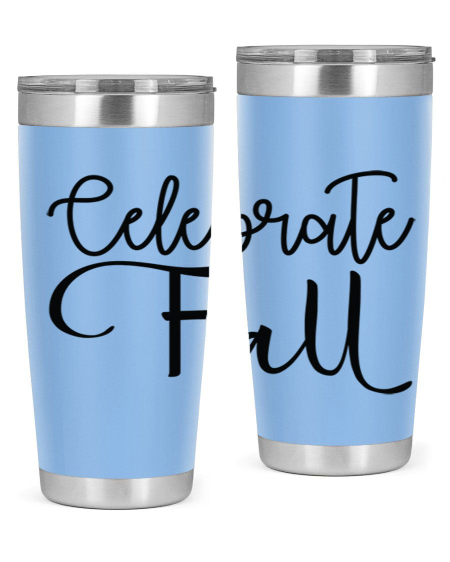 Celebrate Fall 20oz and 30oz tumblers made of stainless steel with copper lining, featuring a drink-thru lid, perfect for hot and cold beverages.