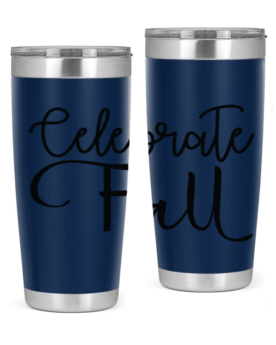 Celebrate Fall 20oz and 30oz tumblers made of stainless steel with copper lining, featuring a drink-thru lid, perfect for hot and cold beverages.