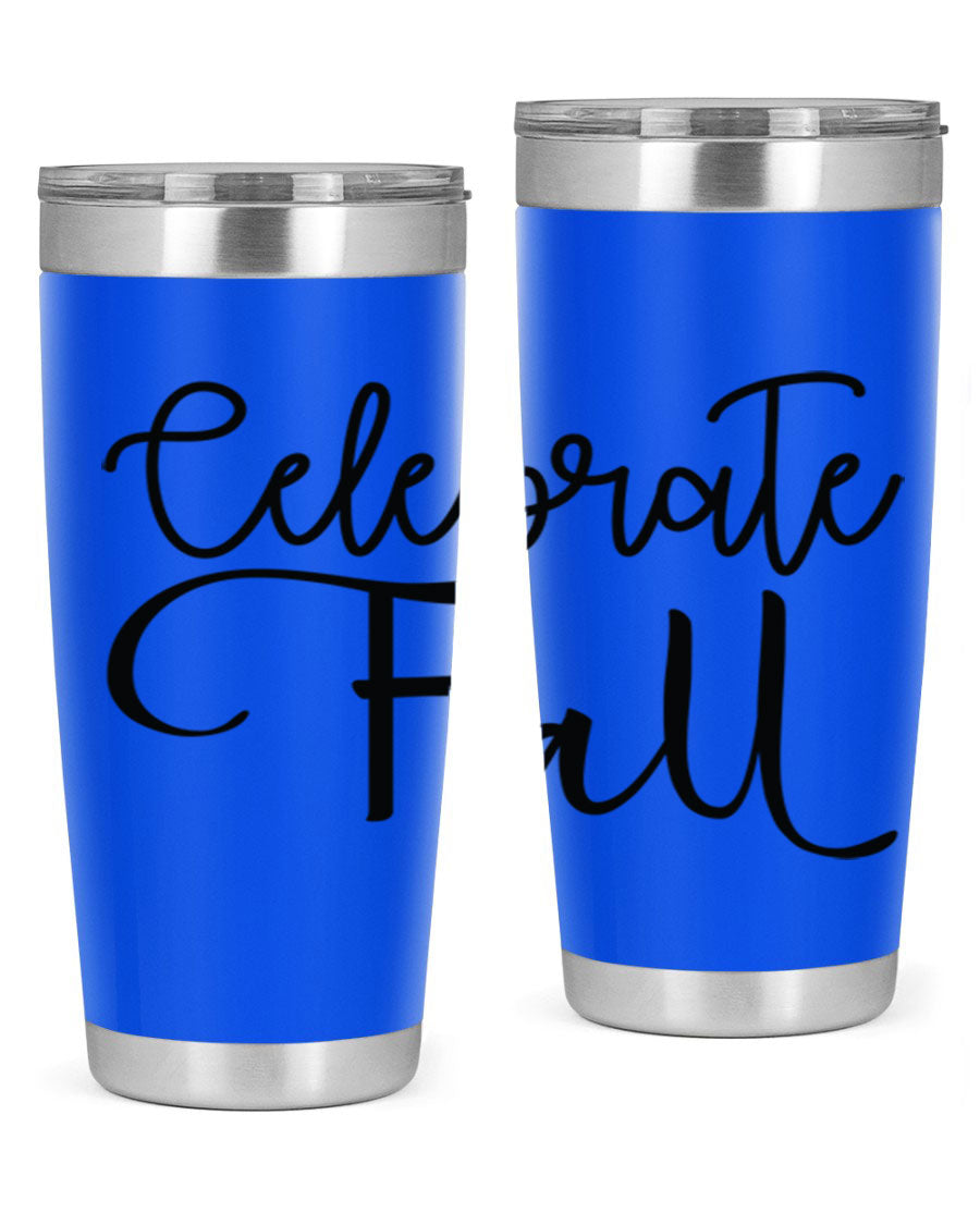 Celebrate Fall 20oz and 30oz tumblers made of stainless steel with copper lining, featuring a drink-thru lid, perfect for hot and cold beverages.