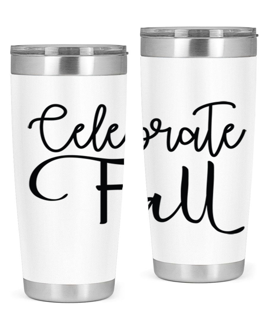 Celebrate Fall 20oz and 30oz tumblers made of stainless steel with copper lining, featuring a drink-thru lid, perfect for hot and cold beverages.
