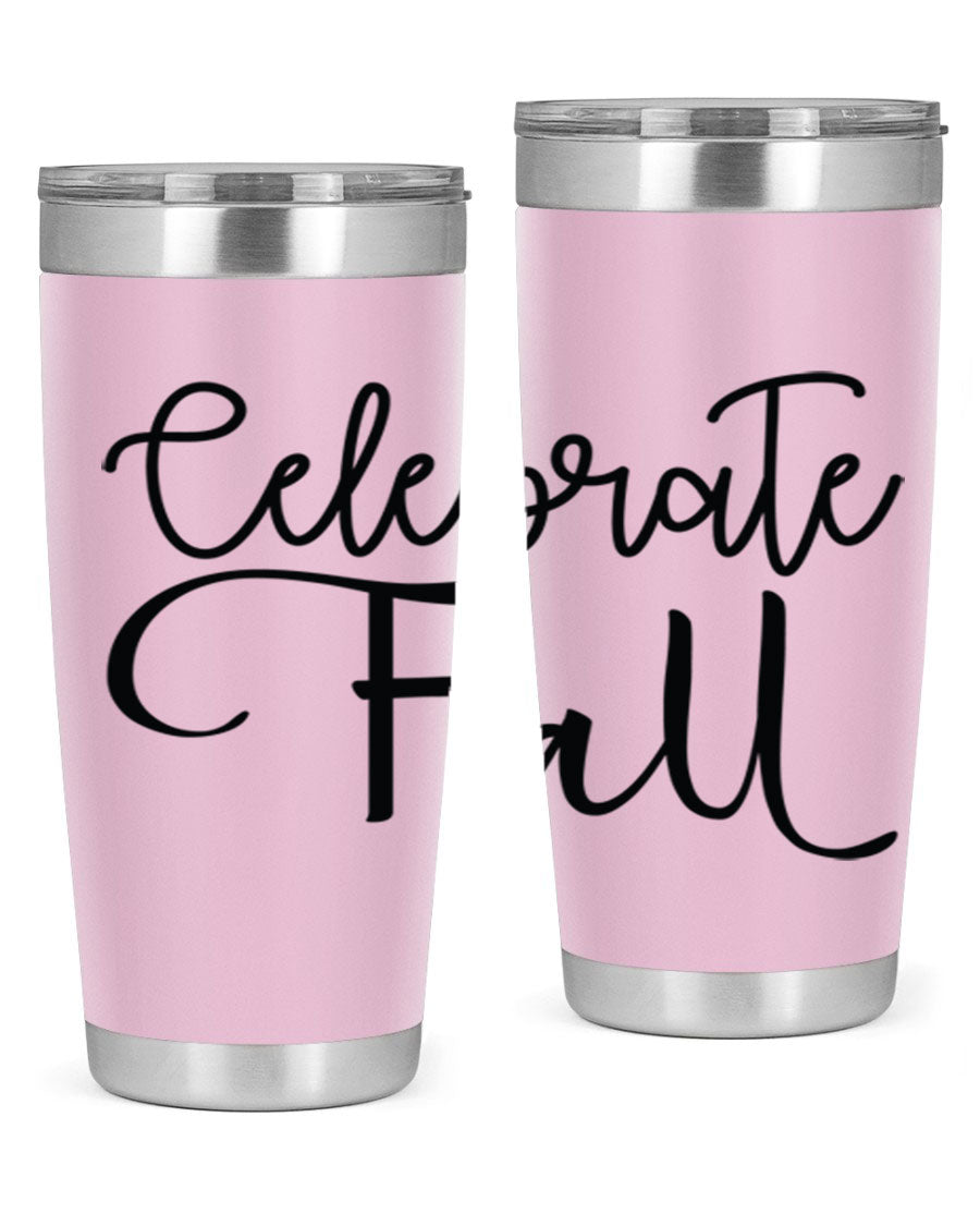 Celebrate Fall 20oz and 30oz tumblers made of stainless steel with copper lining, featuring a drink-thru lid, perfect for hot and cold beverages.