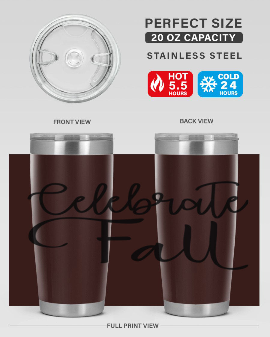 Celebrate Fall 20oz and 30oz tumblers made of stainless steel with copper lining, featuring a drink-thru lid, perfect for hot and cold beverages.