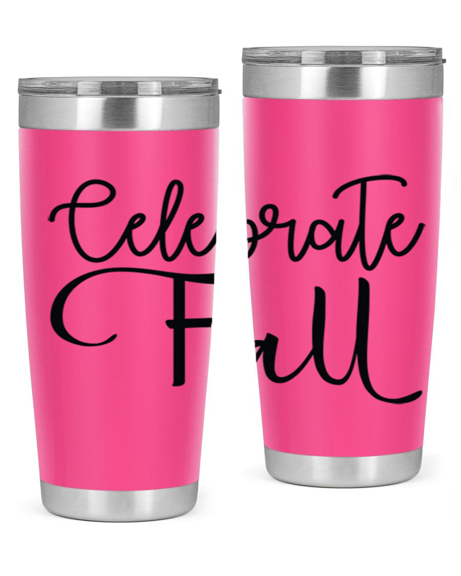 Celebrate Fall 20oz and 30oz tumblers made of stainless steel with copper lining, featuring a drink-thru lid, perfect for hot and cold beverages.