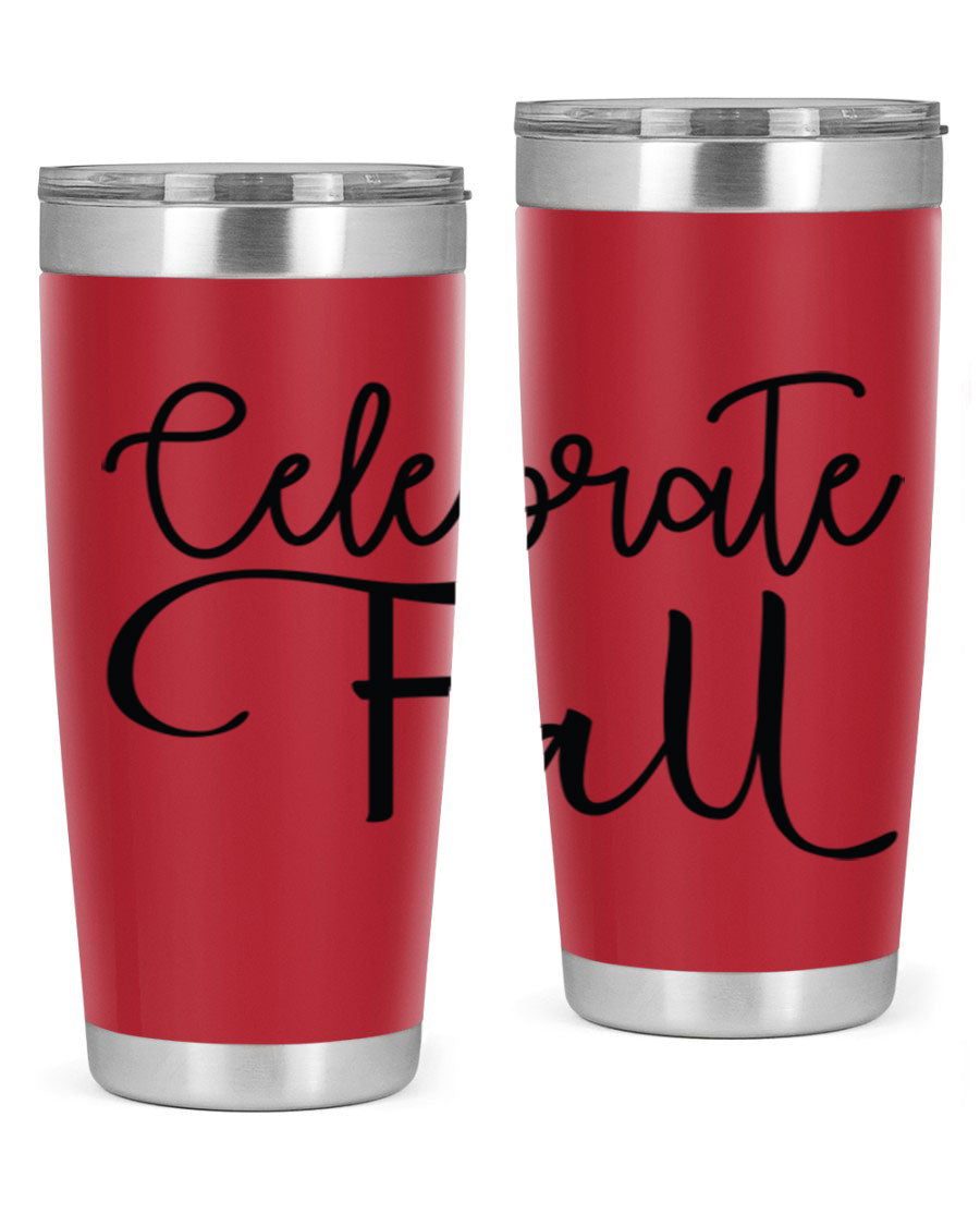 Celebrate Fall 20oz and 30oz tumblers made of stainless steel with copper lining, featuring a drink-thru lid, perfect for hot and cold beverages.