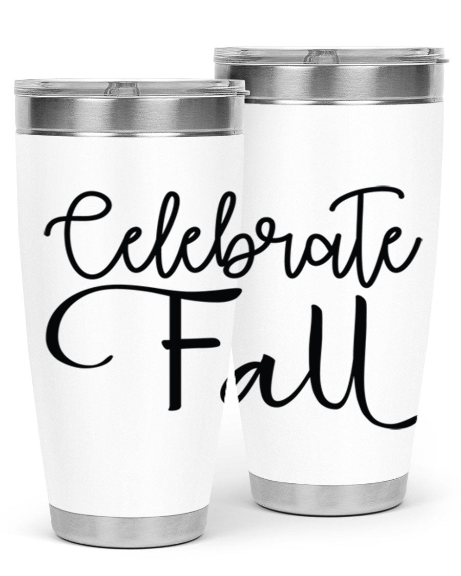 Celebrate Fall 20oz and 30oz tumblers made of stainless steel with copper lining, featuring a drink-thru lid, perfect for hot and cold beverages.