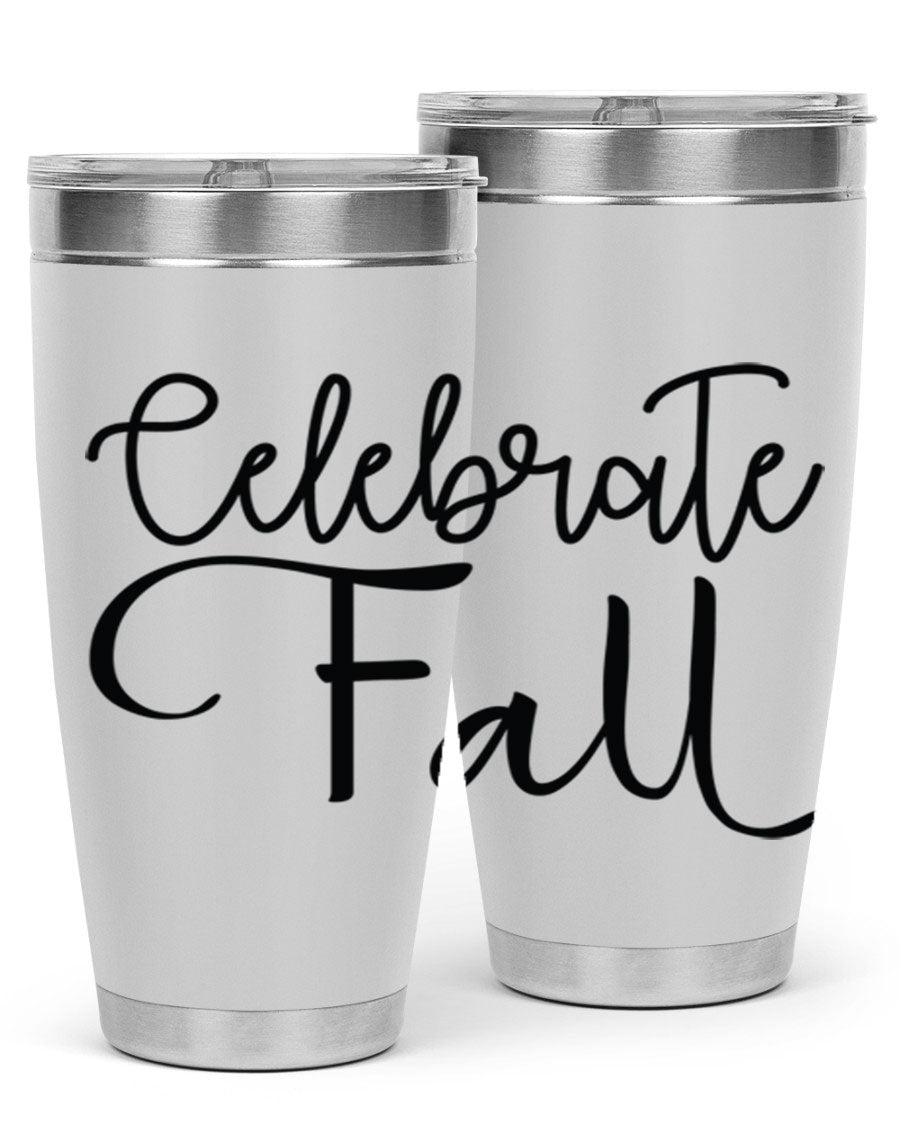 Celebrate Fall 20oz and 30oz tumblers made of stainless steel with copper lining, featuring a drink-thru lid, perfect for hot and cold beverages.