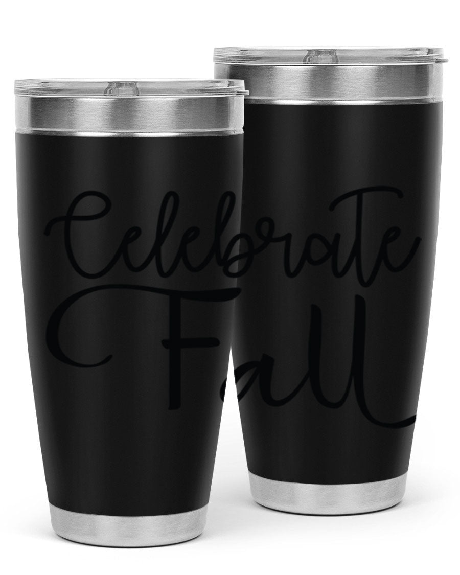 Celebrate Fall 20oz and 30oz tumblers made of stainless steel with copper lining, featuring a drink-thru lid, perfect for hot and cold beverages.