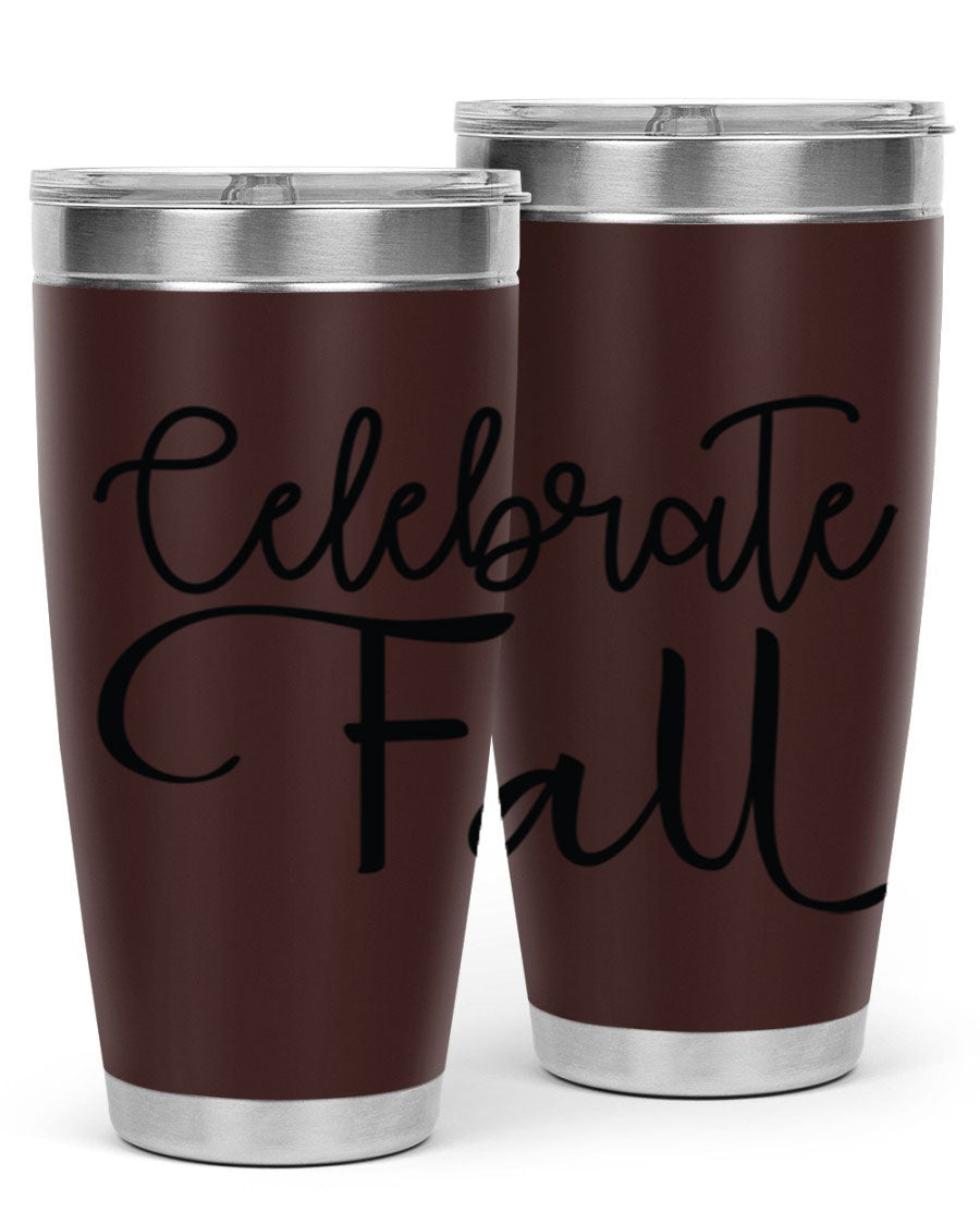 Celebrate Fall 20oz and 30oz tumblers made of stainless steel with copper lining, featuring a drink-thru lid, perfect for hot and cold beverages.
