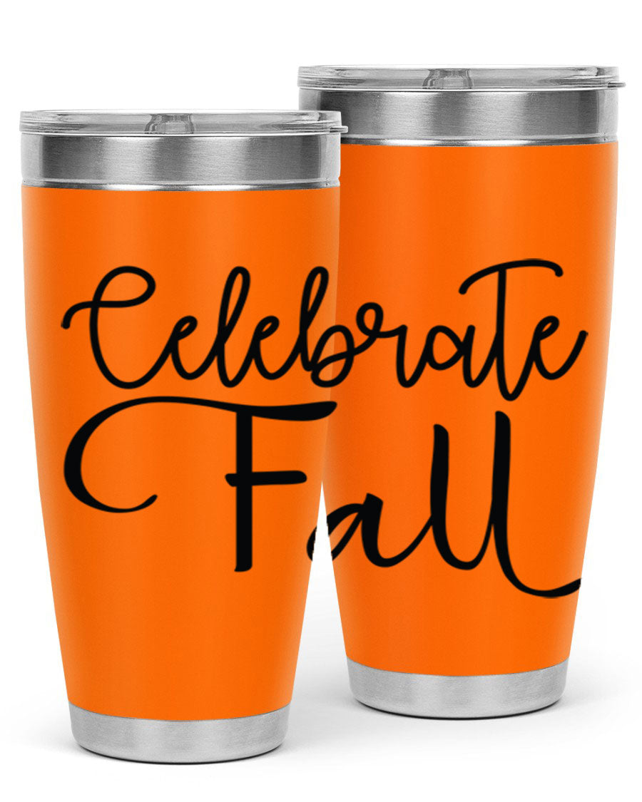 Celebrate Fall 20oz and 30oz tumblers made of stainless steel with copper lining, featuring a drink-thru lid, perfect for hot and cold beverages.