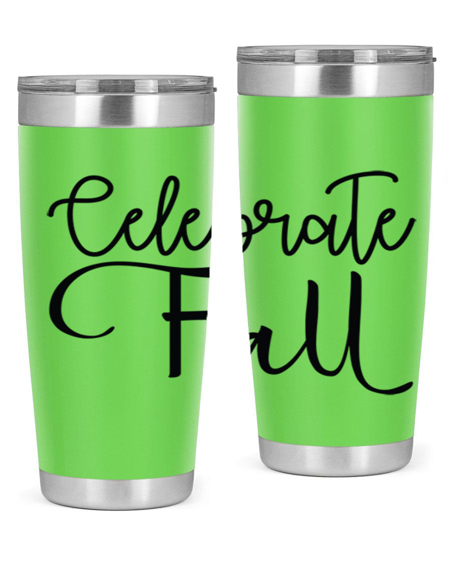 Celebrate Fall 20oz and 30oz tumblers made of stainless steel with copper lining, featuring a drink-thru lid, perfect for hot and cold beverages.