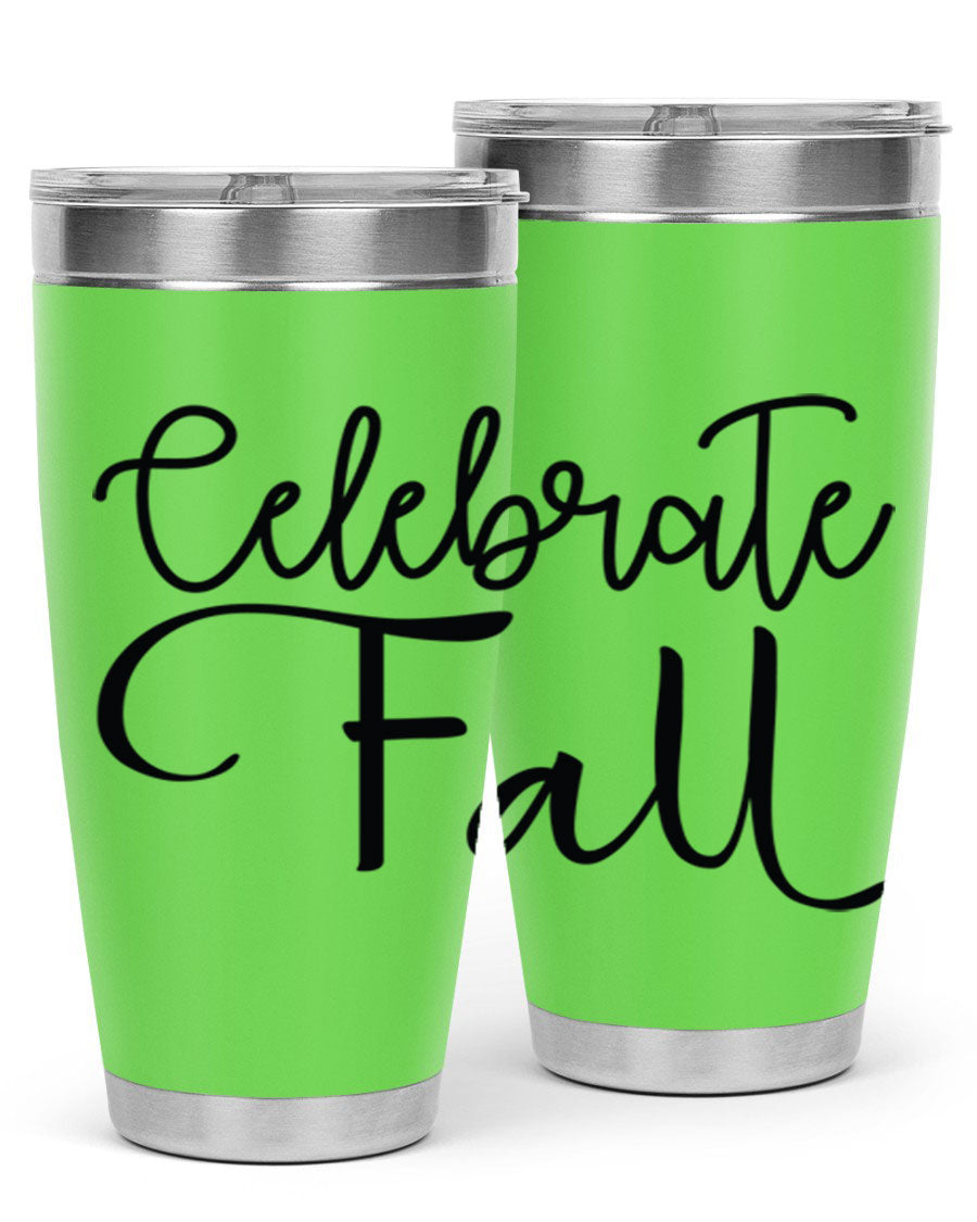 Celebrate Fall 20oz and 30oz tumblers made of stainless steel with copper lining, featuring a drink-thru lid, perfect for hot and cold beverages.